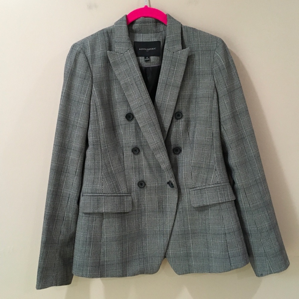Banana Republic Blazer Womens 0 Houndstooth Double Breasted Black Grey 358986